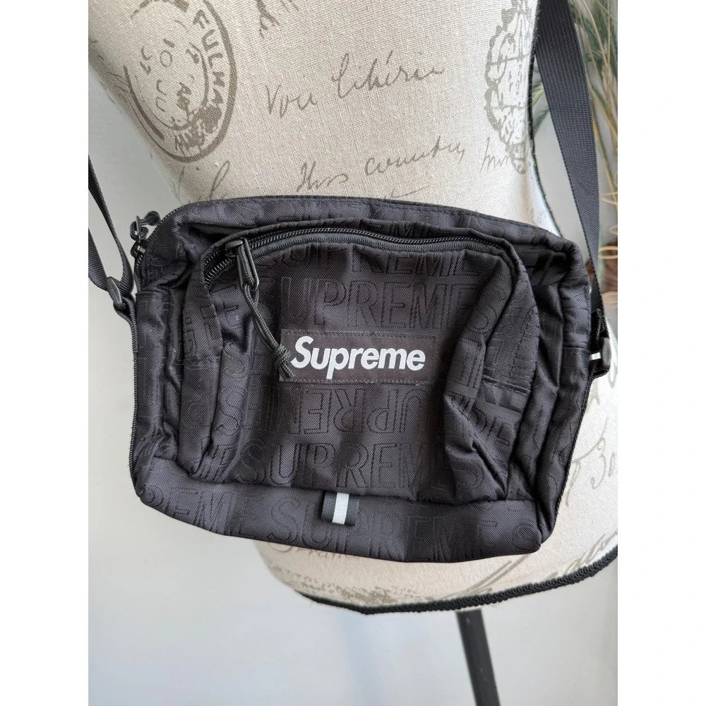 Supreme FW19 Shoulder Bag Black Cordura Jacquard Logo Crossbody Messenger Bag